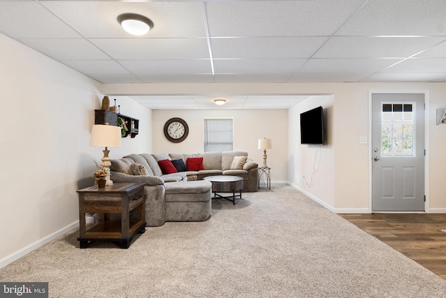 carpeted living area with a drop ceiling, baseboards, healthy amount of natural light, and wood finished floors