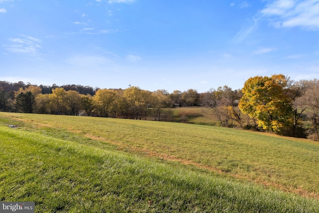 view of green lawn featuring a view of countryside and a wooded view
