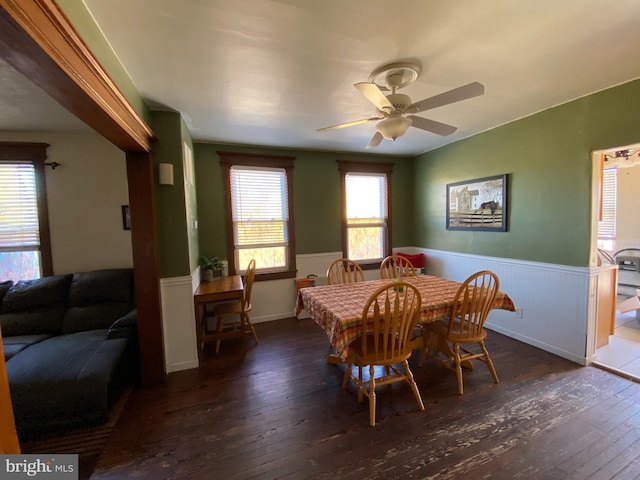 105 Pine St, Mount Holly, NJ 08060 - dining space with wood-type flooring, wainscoting, and a ceiling fan