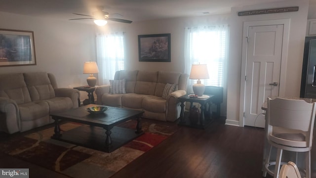 living room featuring ceiling fan and dark hardwood / wood-style flooring