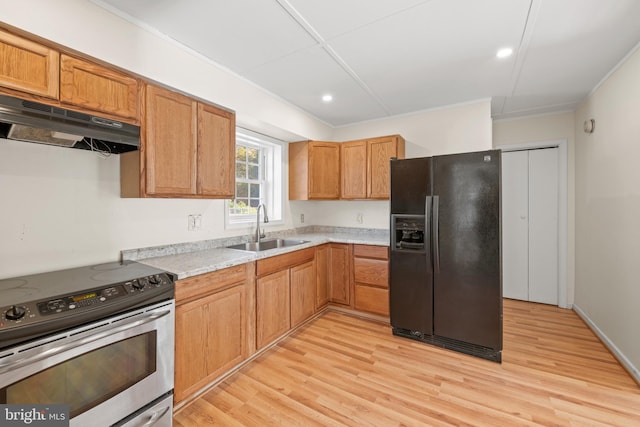 kitchen with stainless steel electric range oven, sink, crown molding, black fridge with ice dispenser, and light wood-type flooring