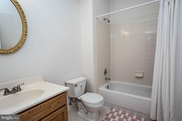 full bathroom with toilet, vanity, shower / bath combo with shower curtain, and tile patterned floors