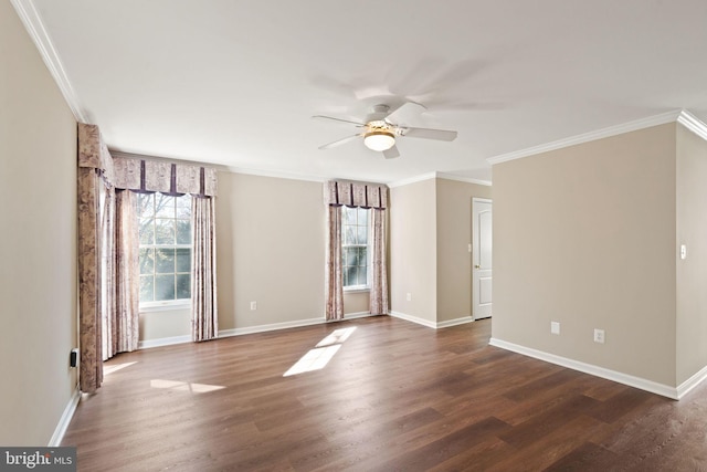 empty room with ornamental molding, dark hardwood / wood-style flooring, and ceiling fan