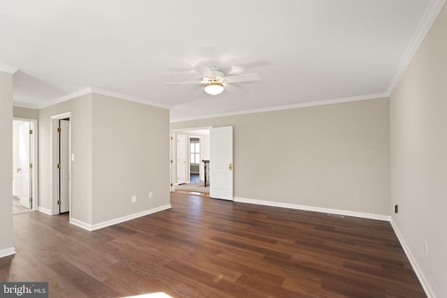 unfurnished room with ornamental molding, ceiling fan, and dark hardwood / wood-style floors