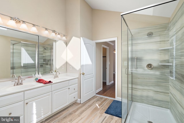 bathroom featuring an enclosed shower, vanity, and wood-type flooring