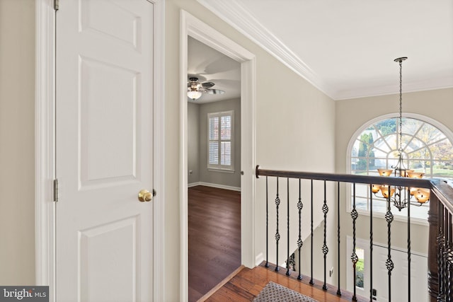 hall featuring an inviting chandelier, ornamental molding, and wood-type flooring