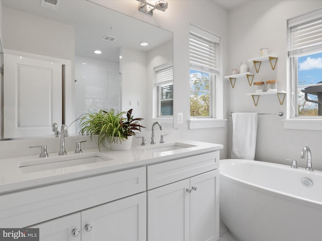 bathroom with vanity and separate shower and tub