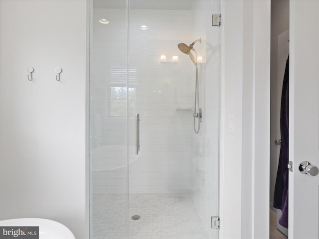 bathroom featuring a shower with door