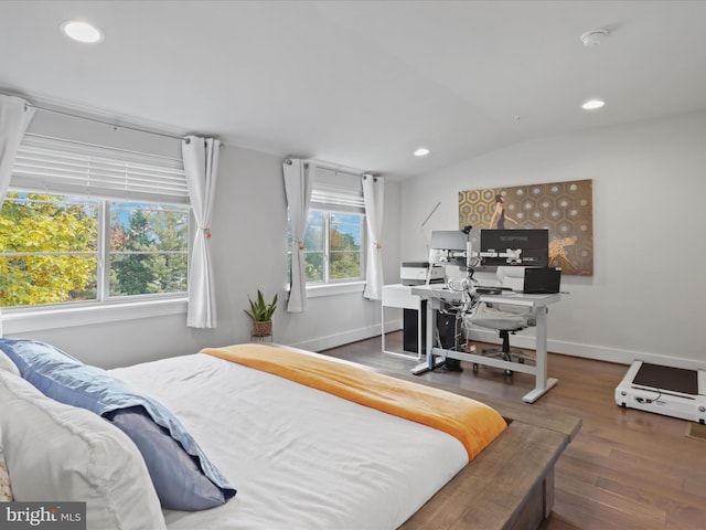 bedroom featuring hardwood / wood-style flooring and vaulted ceiling