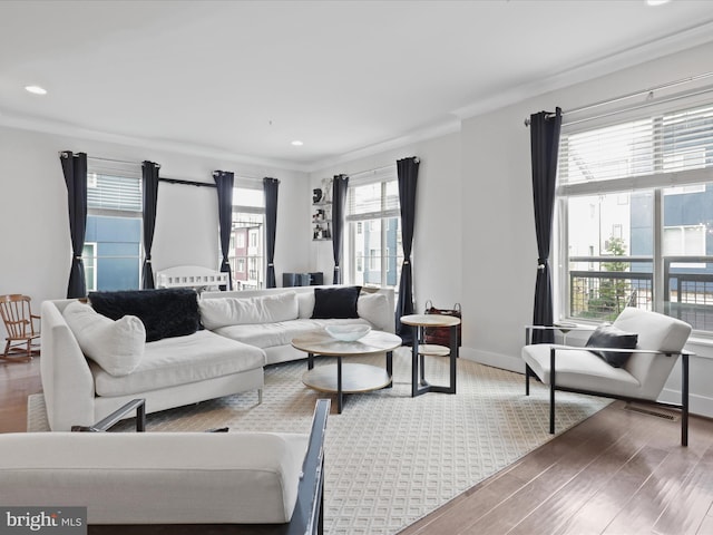 living room featuring ornamental molding, hardwood / wood-style flooring, and a healthy amount of sunlight