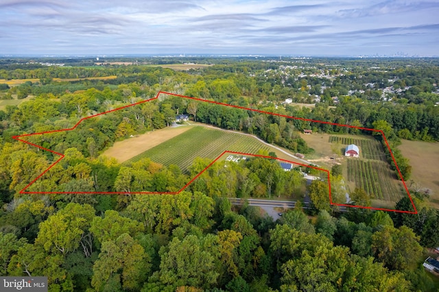 birds eye view of property featuring a rural view