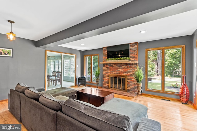 living room featuring a wealth of natural light, a fireplace, and light hardwood / wood-style floors