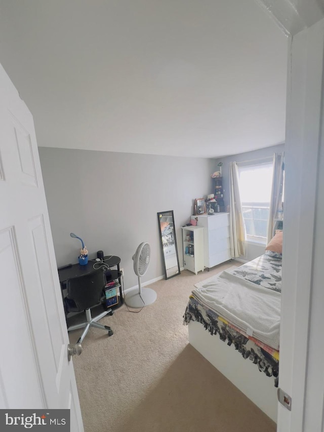 bedroom with light colored carpet