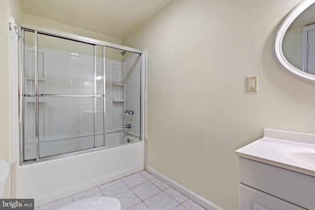 full bathroom with shower / bath combination with glass door, tile patterned flooring, toilet, and vanity