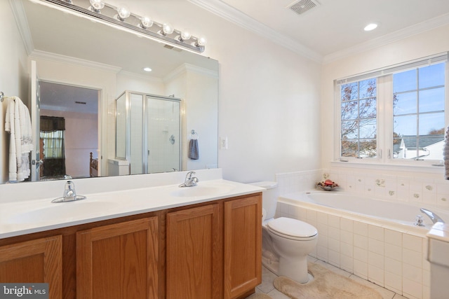 full bathroom with crown molding, vanity, plus walk in shower, tile patterned flooring, and toilet