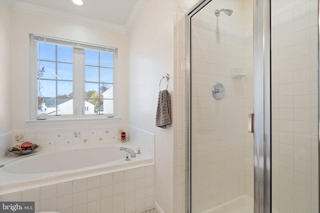 bathroom with plus walk in shower and ornamental molding