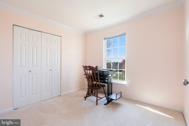 carpeted office featuring ornamental molding