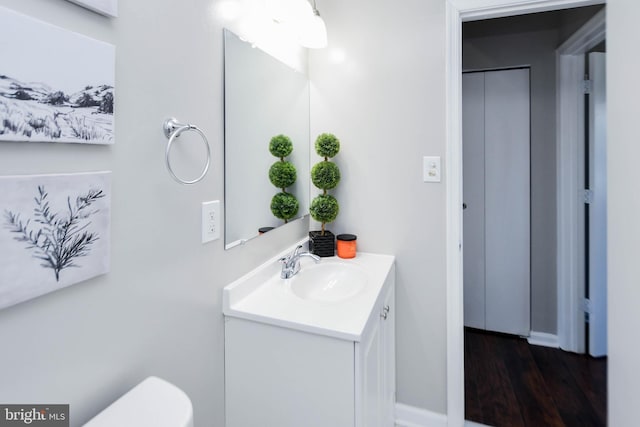 bathroom featuring vanity, wood-type flooring, and toilet