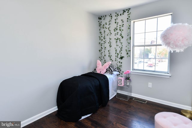 bedroom featuring multiple windows and dark hardwood / wood-style flooring