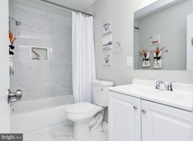 full bathroom featuring vanity, toilet, and shower / tub combo with curtain