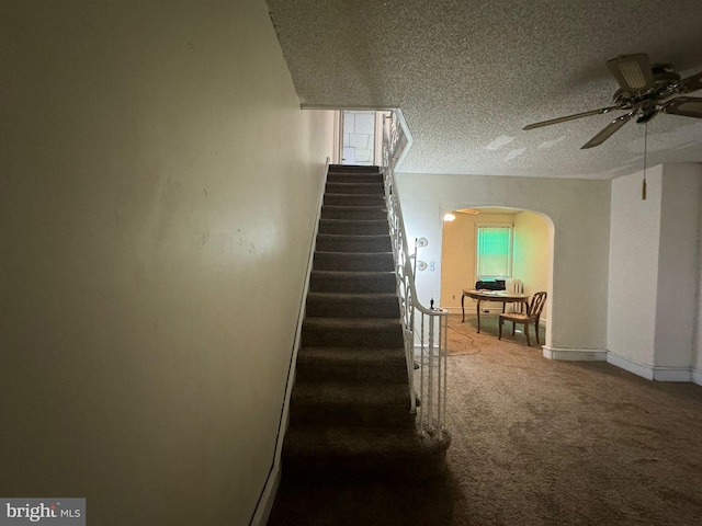 stairs with ceiling fan, a textured ceiling, and carpet flooring