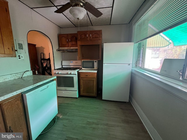 kitchen featuring white appliances, light hardwood / wood-style floors, and ceiling fan