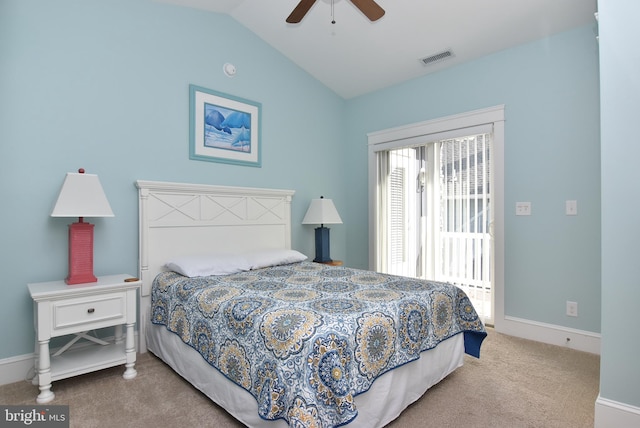 bedroom featuring light colored carpet, ceiling fan, and vaulted ceiling