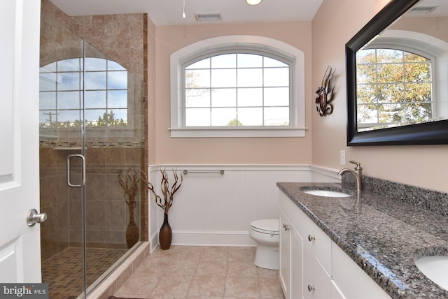 bathroom featuring a wealth of natural light, a shower with shower door, vanity, and toilet