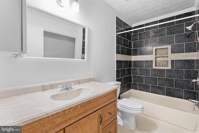 full bathroom featuring tile patterned flooring, a textured ceiling, tiled shower / bath combo, and ornamental molding