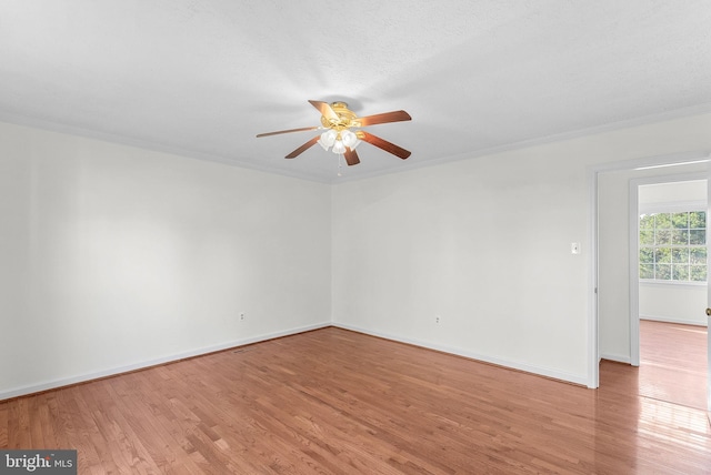 unfurnished room featuring a textured ceiling, light wood-type flooring, ceiling fan, and crown molding