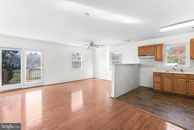 kitchen with decorative backsplash, hardwood / wood-style floors, ceiling fan, and sink