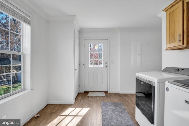 laundry room featuring light hardwood / wood-style flooring, crown molding, washing machine and dryer, and cabinets