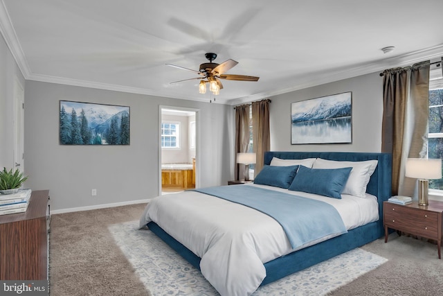 carpeted bedroom with connected bathroom, ornamental molding, and ceiling fan