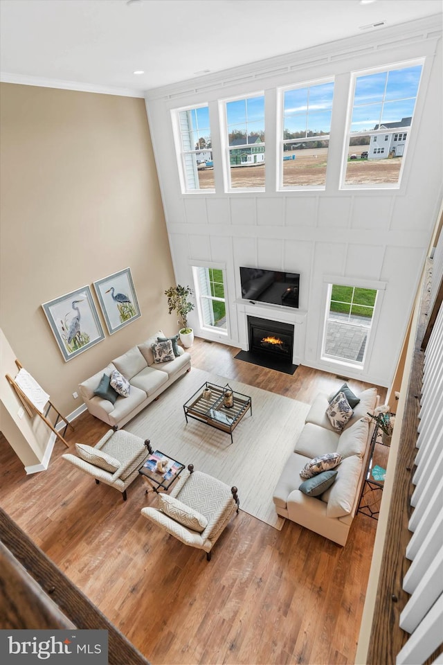 living room featuring ornamental molding and hardwood / wood-style floors