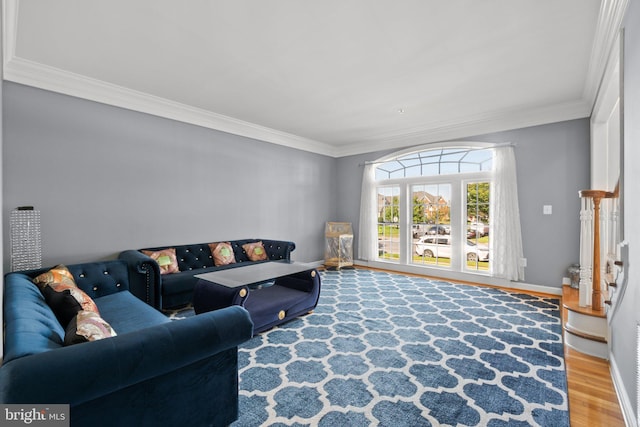 living room featuring hardwood / wood-style flooring and crown molding