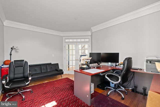 home office featuring ornamental molding, french doors, and hardwood / wood-style flooring