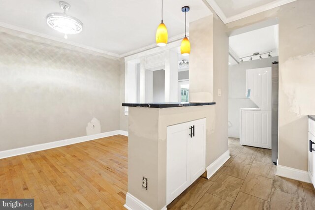 kitchen with rail lighting, crown molding, pendant lighting, light hardwood / wood-style floors, and white cabinets