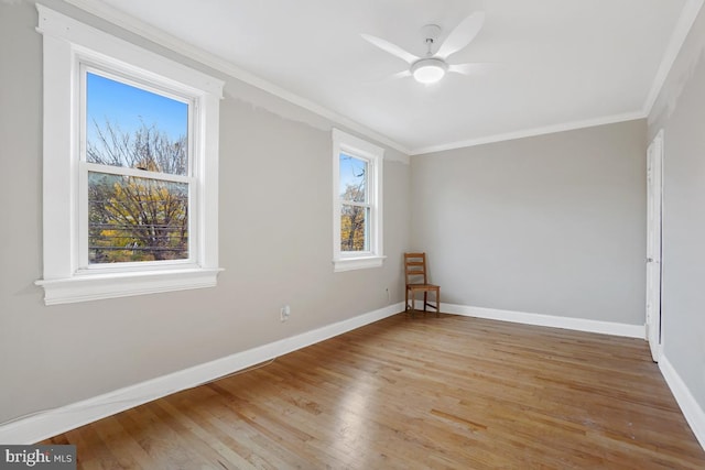 unfurnished room featuring crown molding, ceiling fan, and wood-type flooring