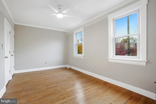 unfurnished bedroom with multiple windows, ceiling fan, light hardwood / wood-style floors, and ornamental molding