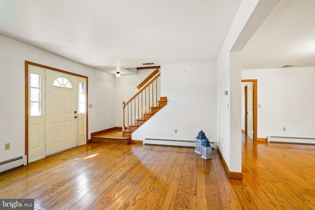 entryway featuring hardwood / wood-style floors and a baseboard heating unit