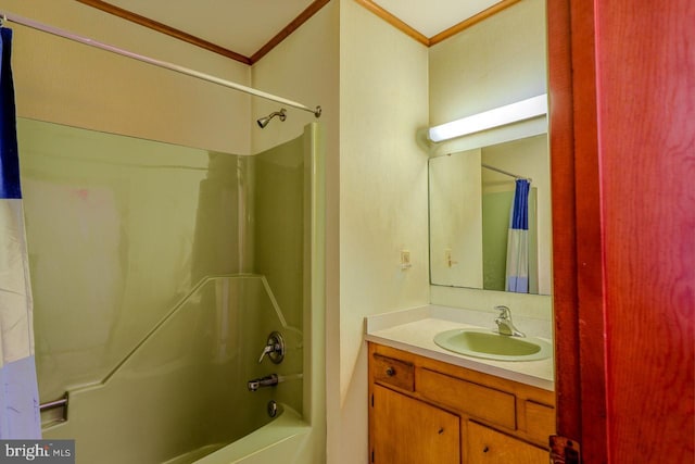 bathroom featuring shower / tub combo, vanity, and ornamental molding