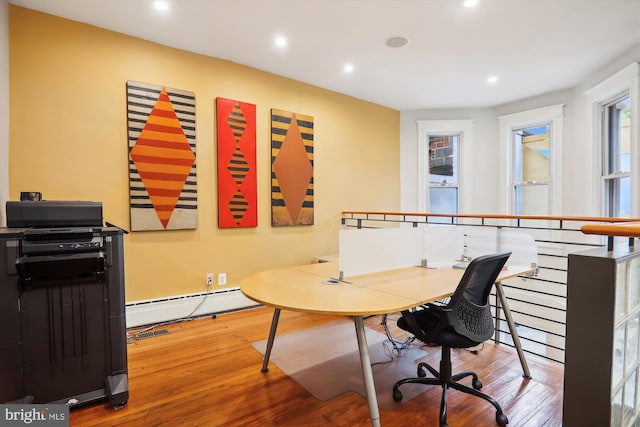 home office featuring hardwood / wood-style flooring and baseboard heating