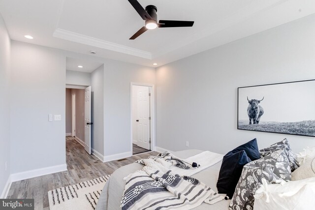 bedroom featuring ceiling fan, light wood-type flooring, and a tray ceiling