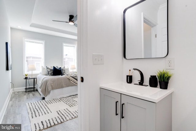 bathroom with hardwood / wood-style floors, ceiling fan, vanity, and a tray ceiling