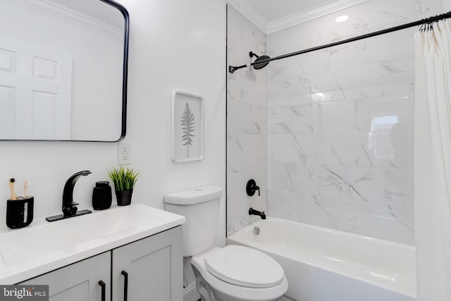 full bathroom with toilet, vanity, crown molding, and shower / tub combo