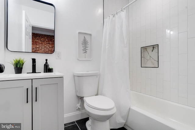 full bathroom featuring shower / bath combo, vanity, tile patterned floors, and toilet