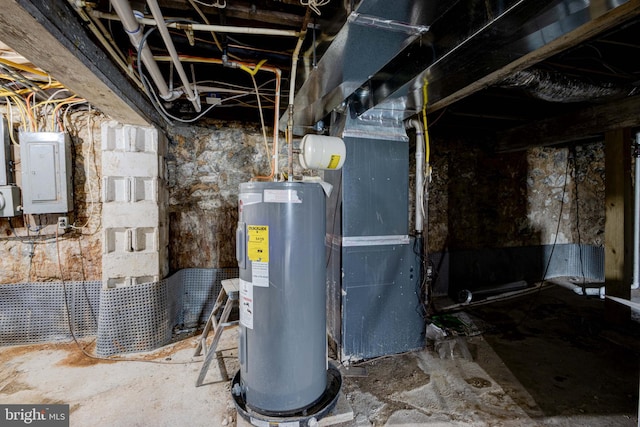 utility room with electric panel, heating unit, and electric water heater