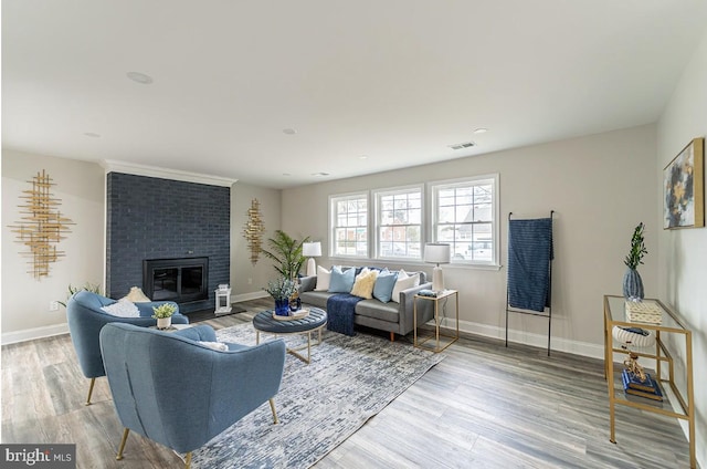 living room featuring a fireplace and light wood-type flooring