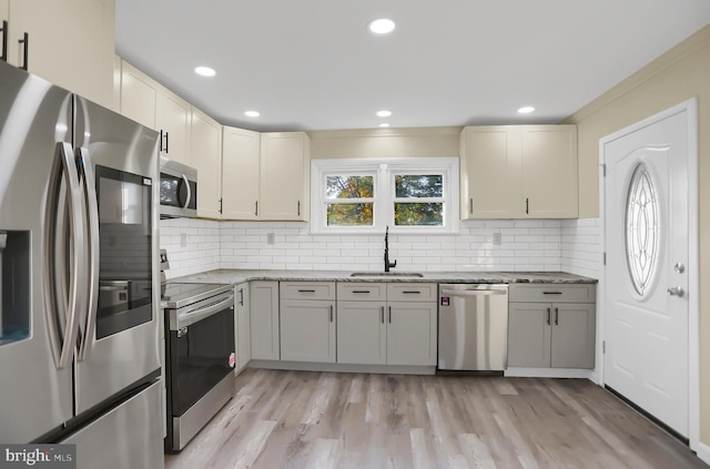 kitchen with light hardwood / wood-style floors, appliances with stainless steel finishes, sink, and decorative backsplash