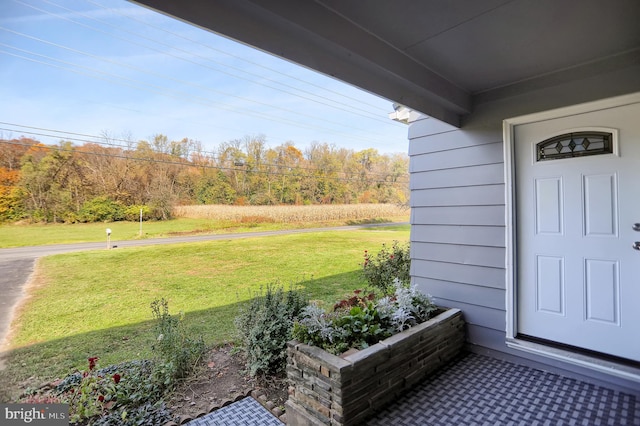 view of exterior entry with a lawn